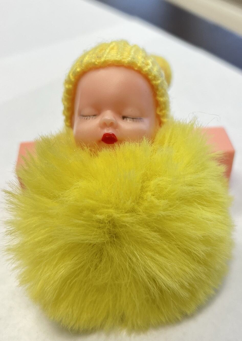 Sleeping Baby Doll Faux Fur Pom Pom Keychain Purse Charm Yellow Knit Hat 5”